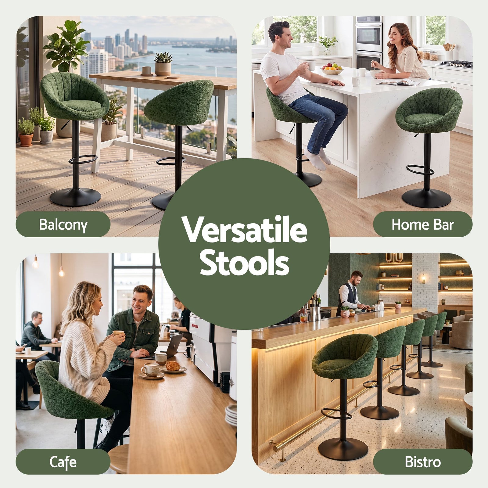 Artiss 4x Bar Stools Kitchen Chairs Gas Lift Adjustable Round Shell Boucle Green