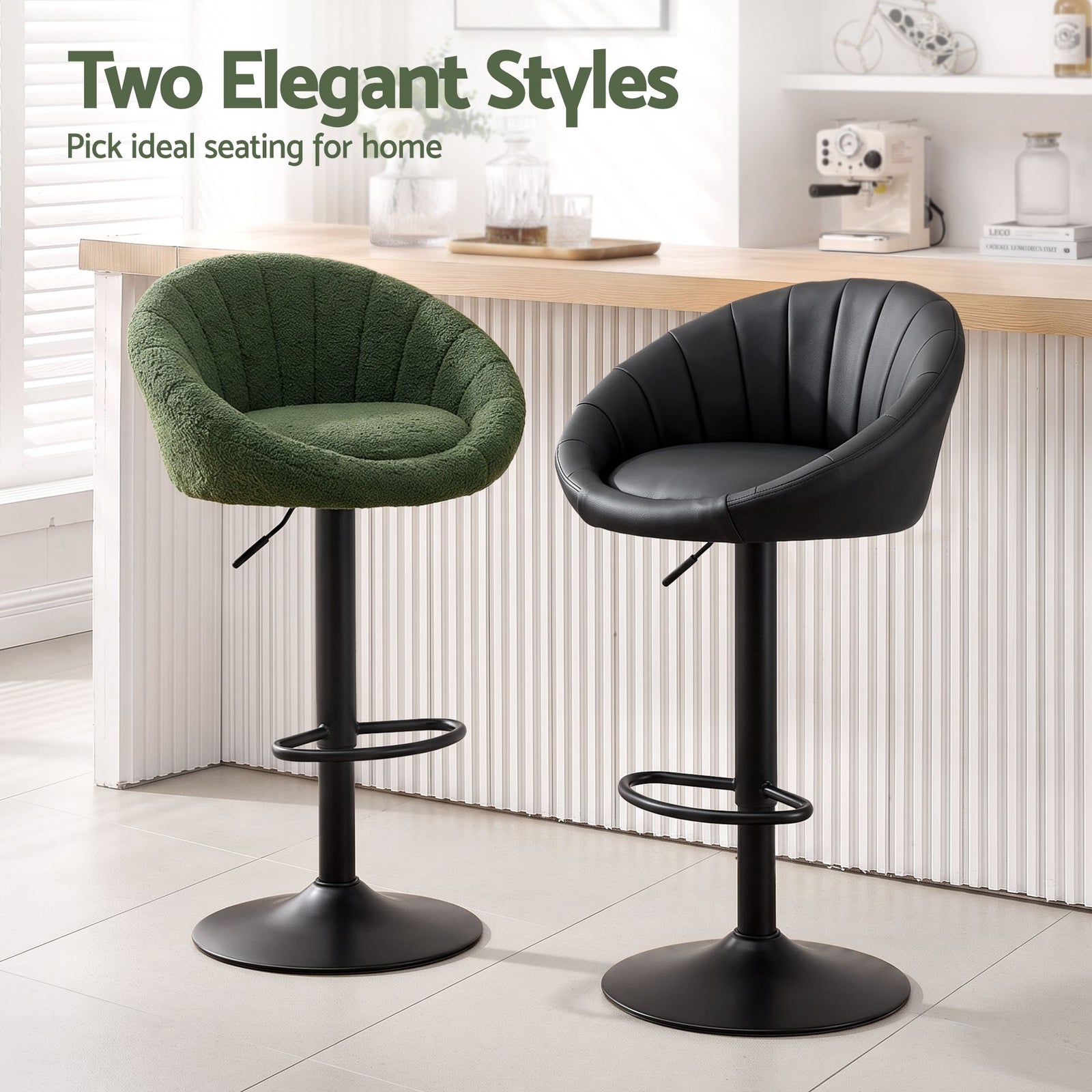 Artiss 4x Bar Stools Kitchen Chairs Gas Lift Adjustable Round Shell Boucle Green