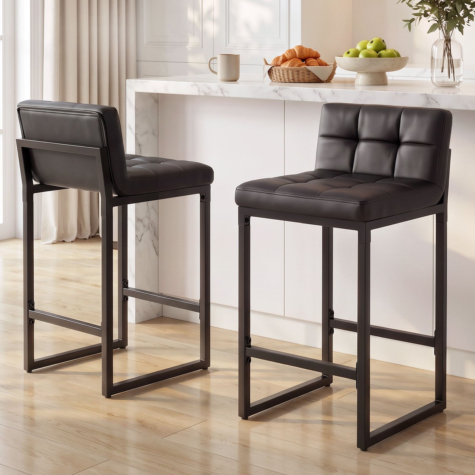 Artiss Bar Stools Set of 2 PU Leather Counter Chairs 65cm Seat Height with Low Back Black