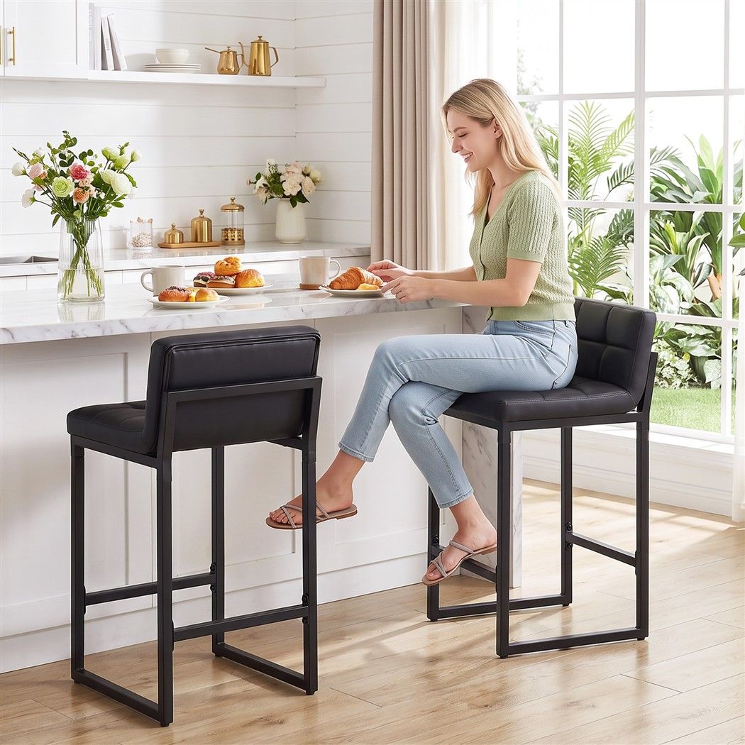 Artiss Bar Stools Set of 2 PU Leather Counter Chairs 65cm Seat Height with Low Back Black