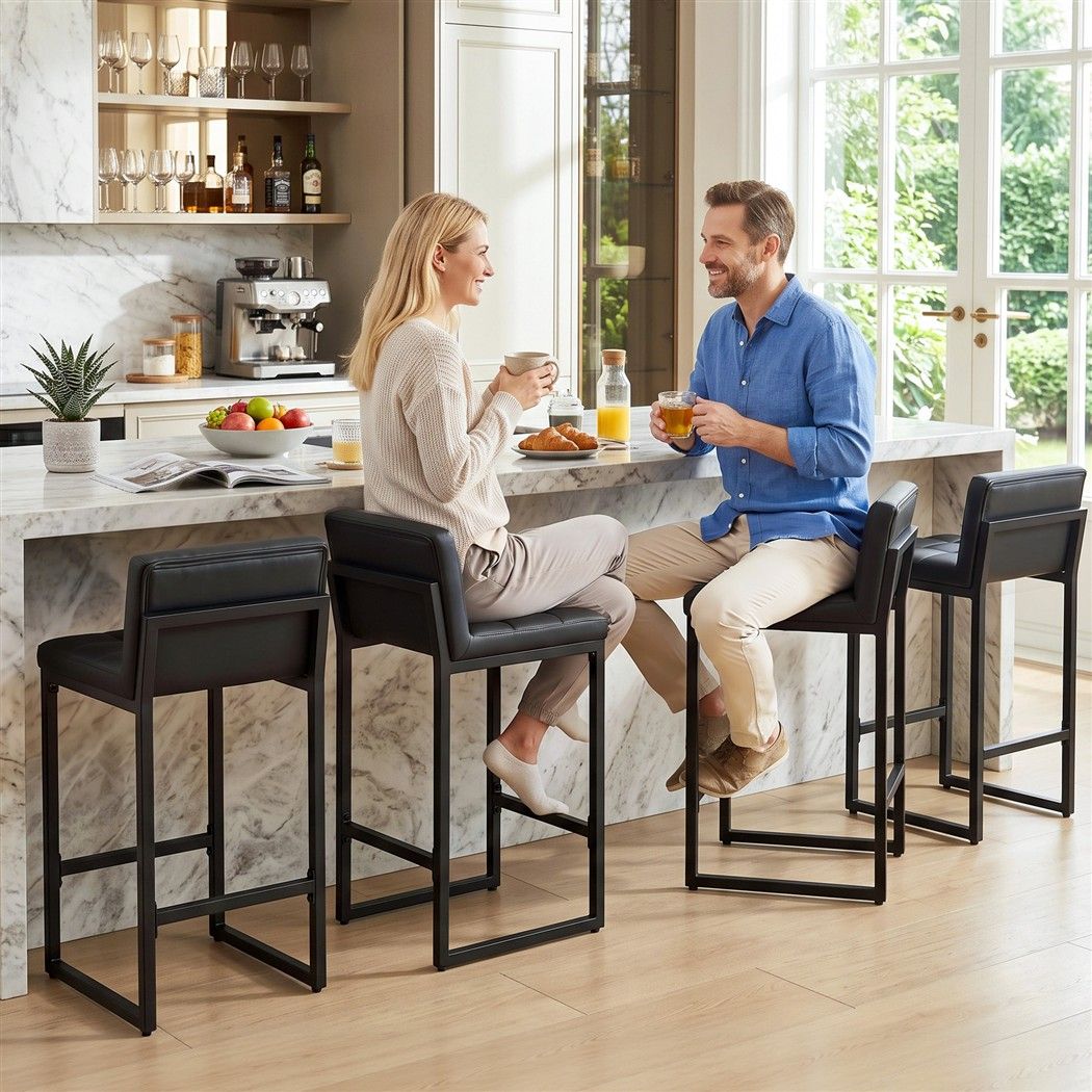 Artiss Bar Stools Set of 4 PU Leather Counter Chairs 65cm Seat Height with Low Back Black
