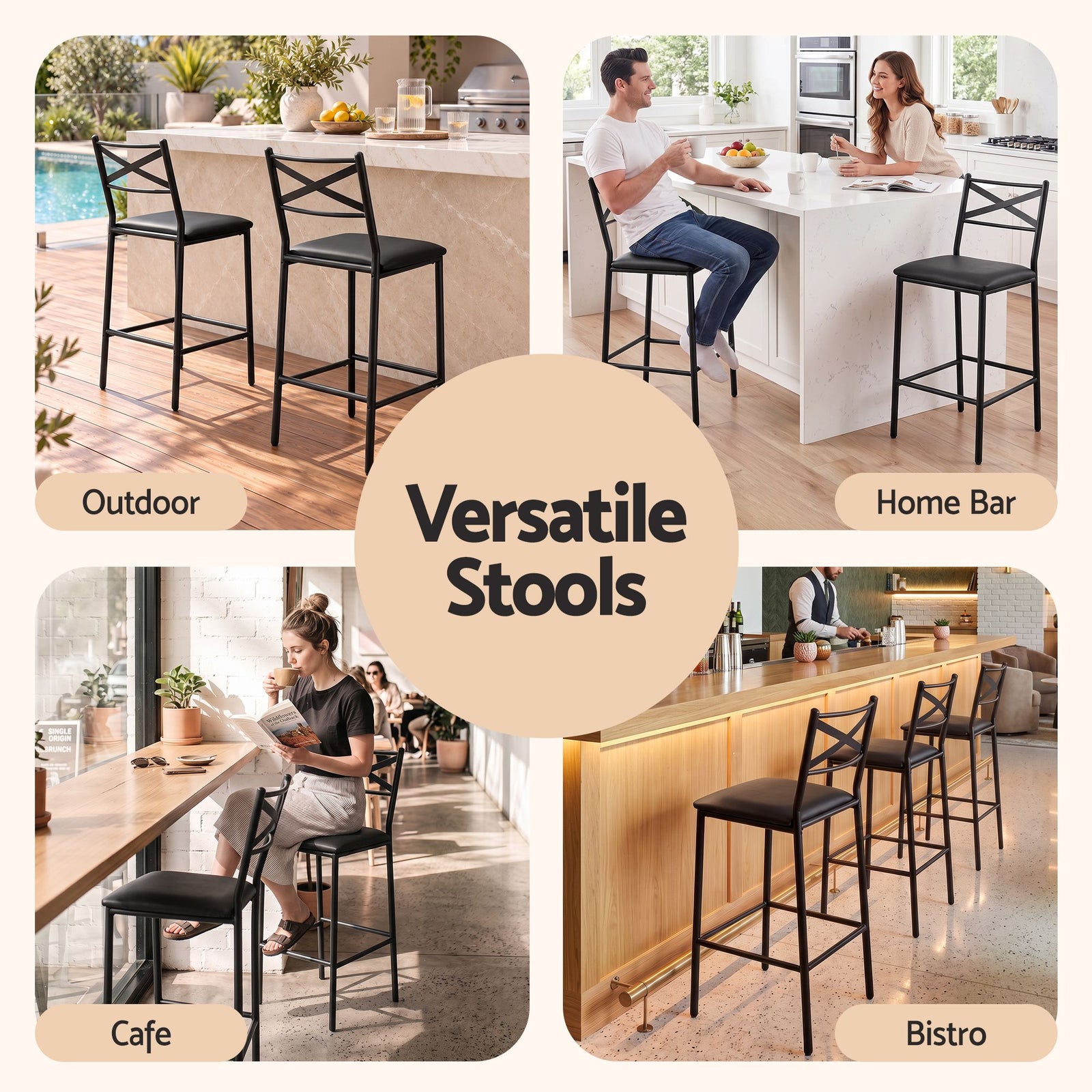 Artiss Bar Stools Set of 2 Counter 66cm Height Stools with Backrest, PU Cushioned Seat, Black