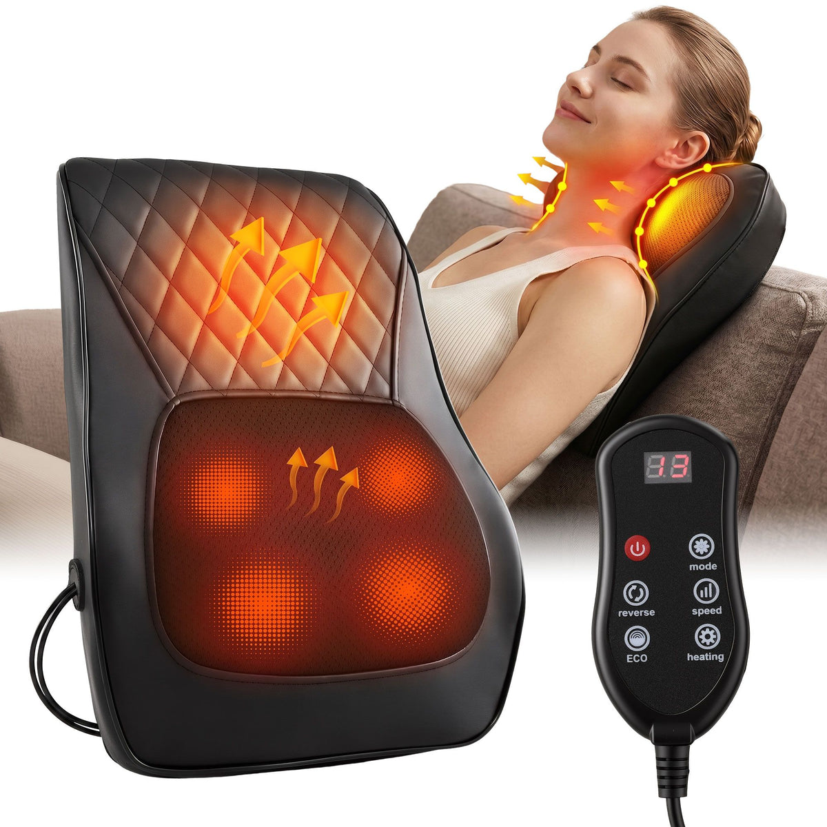 Livemor Back Massager with Heat and Traction, Neck and Shoulder Massage Pillow, Ergonomic Backrest for Office Chair &amp; Sofa, Lumbar Support Cushion with 2-Level Thermal Relief, 6 Modes for Cervical &amp; Full Body Pain Relief, Large