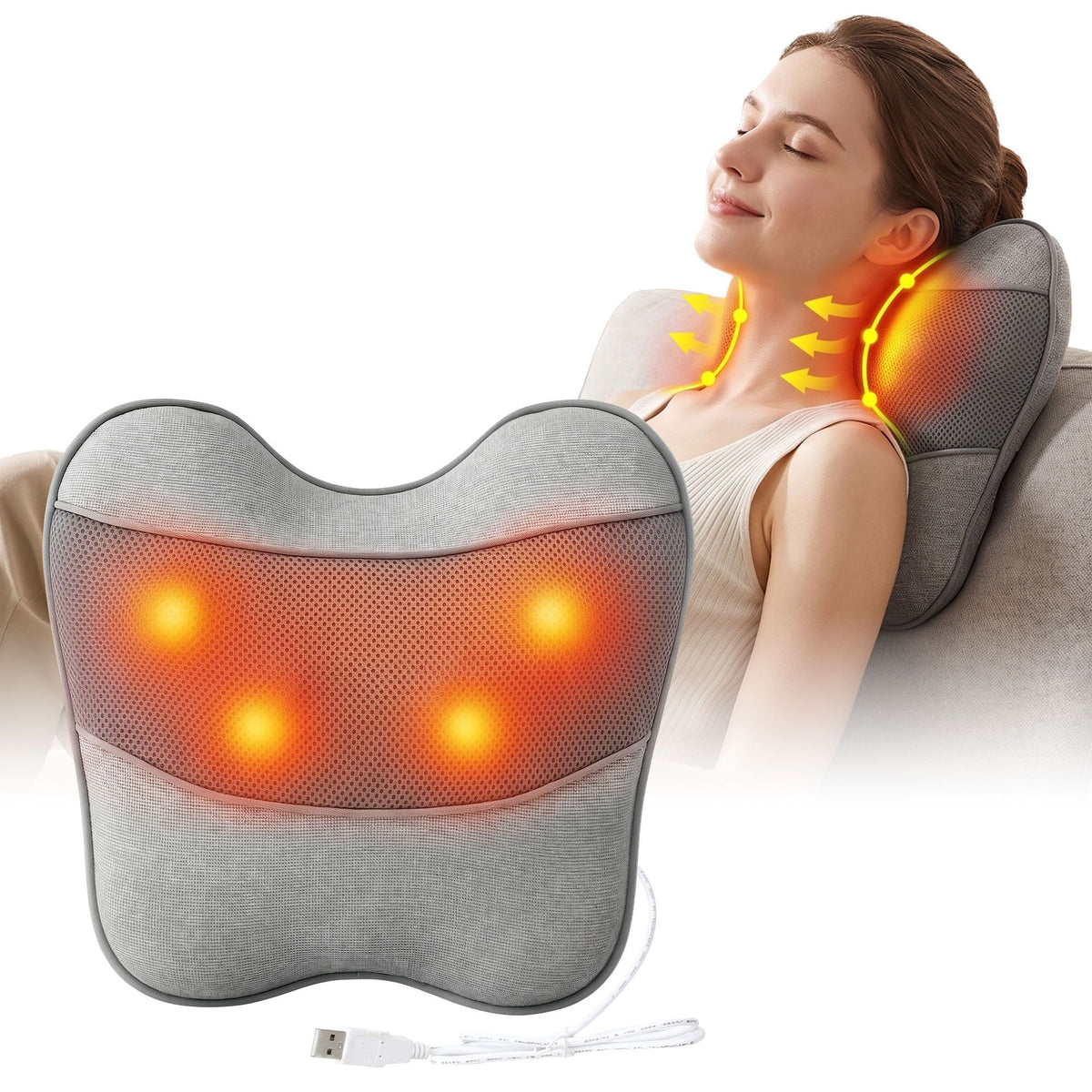 Livemor Back Massager with Heat, USB Neck and Shoulder Massage Pillow, 3-Speed Ergonomic Lumbar Support Cushion for Office Chair, Portable Muscle Relief for Back, Thigh &amp; Calf, Grey