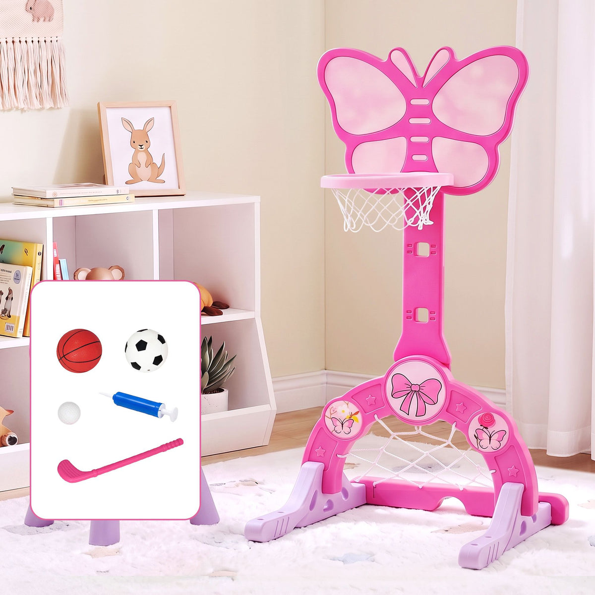 Keezi 3-in-1 Kids Basketball Hoop Soccer Goal Golf Game Set with Balls Pink