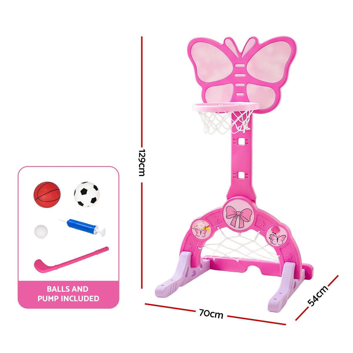 Keezi 3-in-1 Kids Basketball Hoop Soccer Goal Golf Game Set with Balls Pink