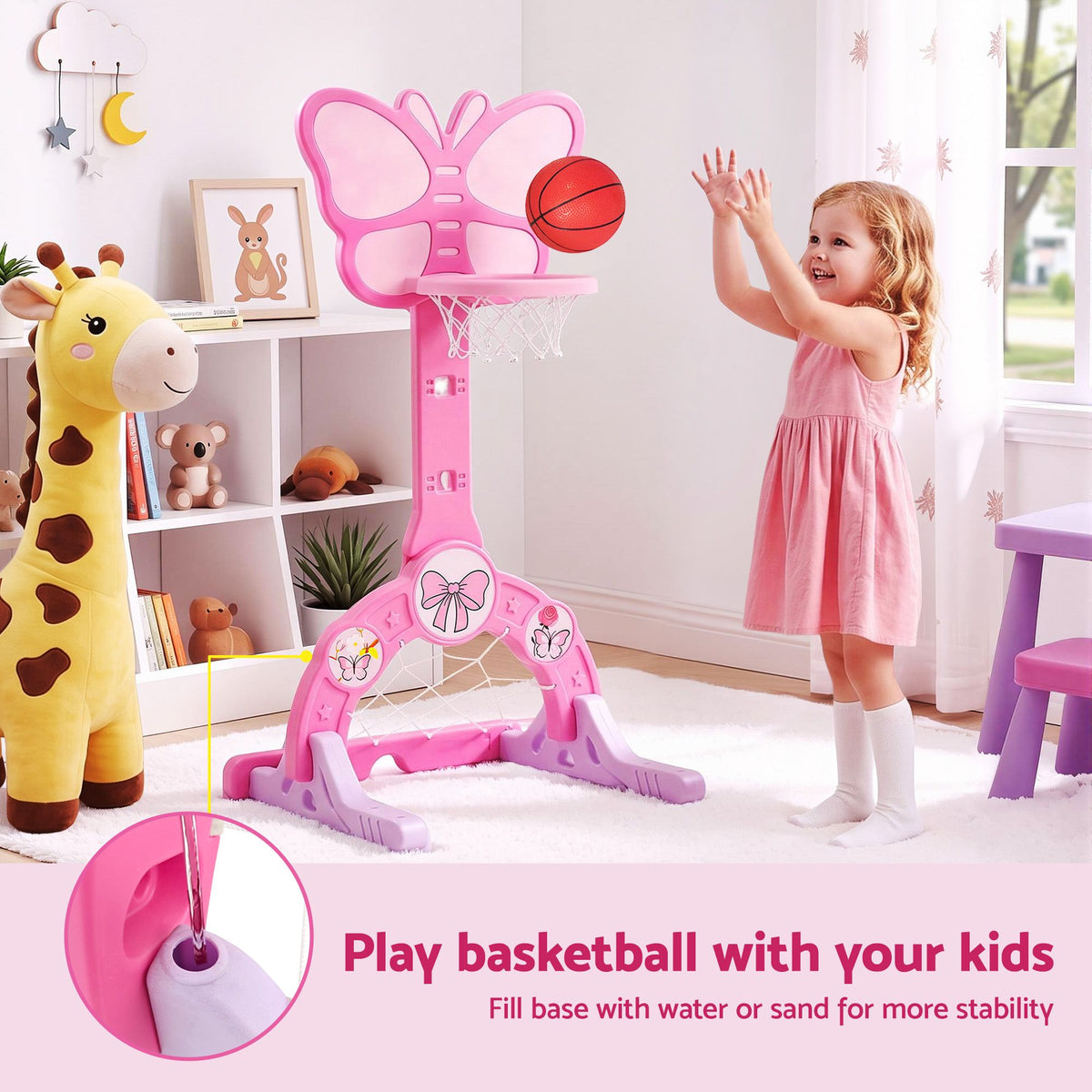 Keezi 3-in-1 Kids Basketball Hoop Soccer Goal Golf Game Set with Balls Pink