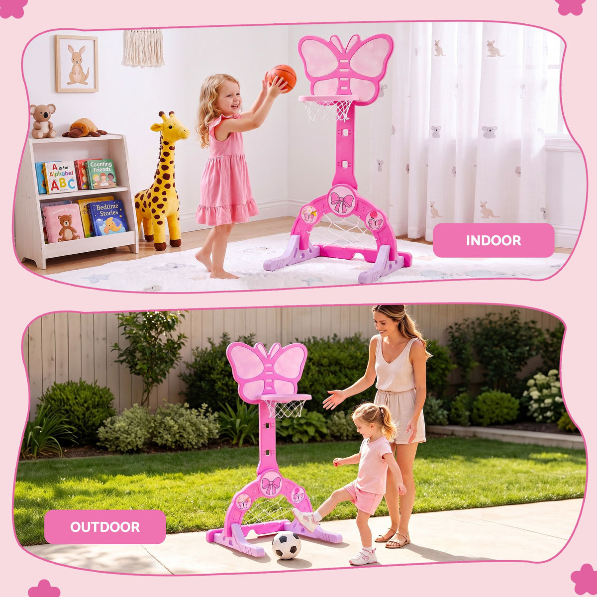 Keezi 3-in-1 Kids Basketball Hoop Soccer Goal Golf Game Set with Balls Pink