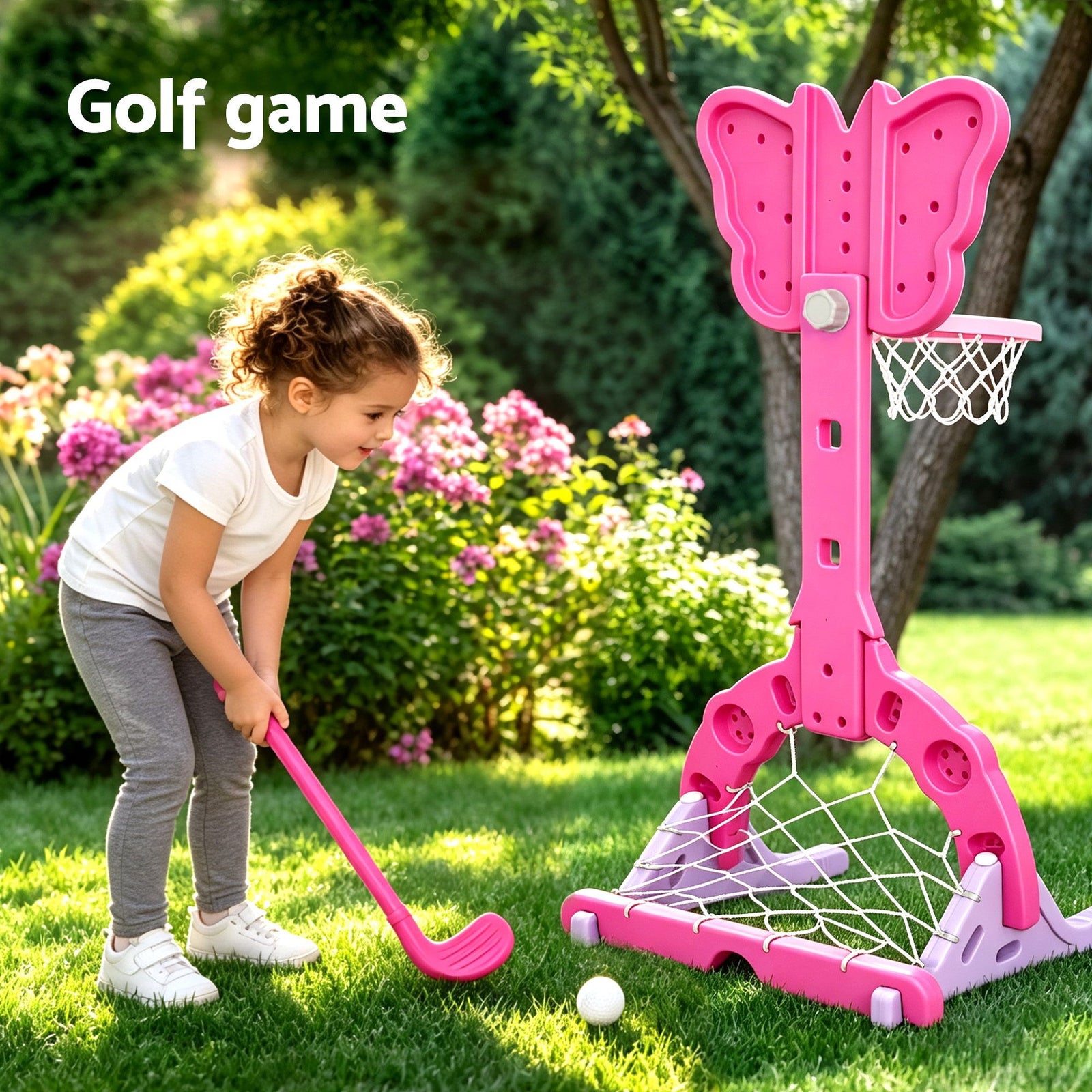 Keezi 3-in-1 Kids Basketball Hoop Soccer Goal Golf Game Set with Balls Pink