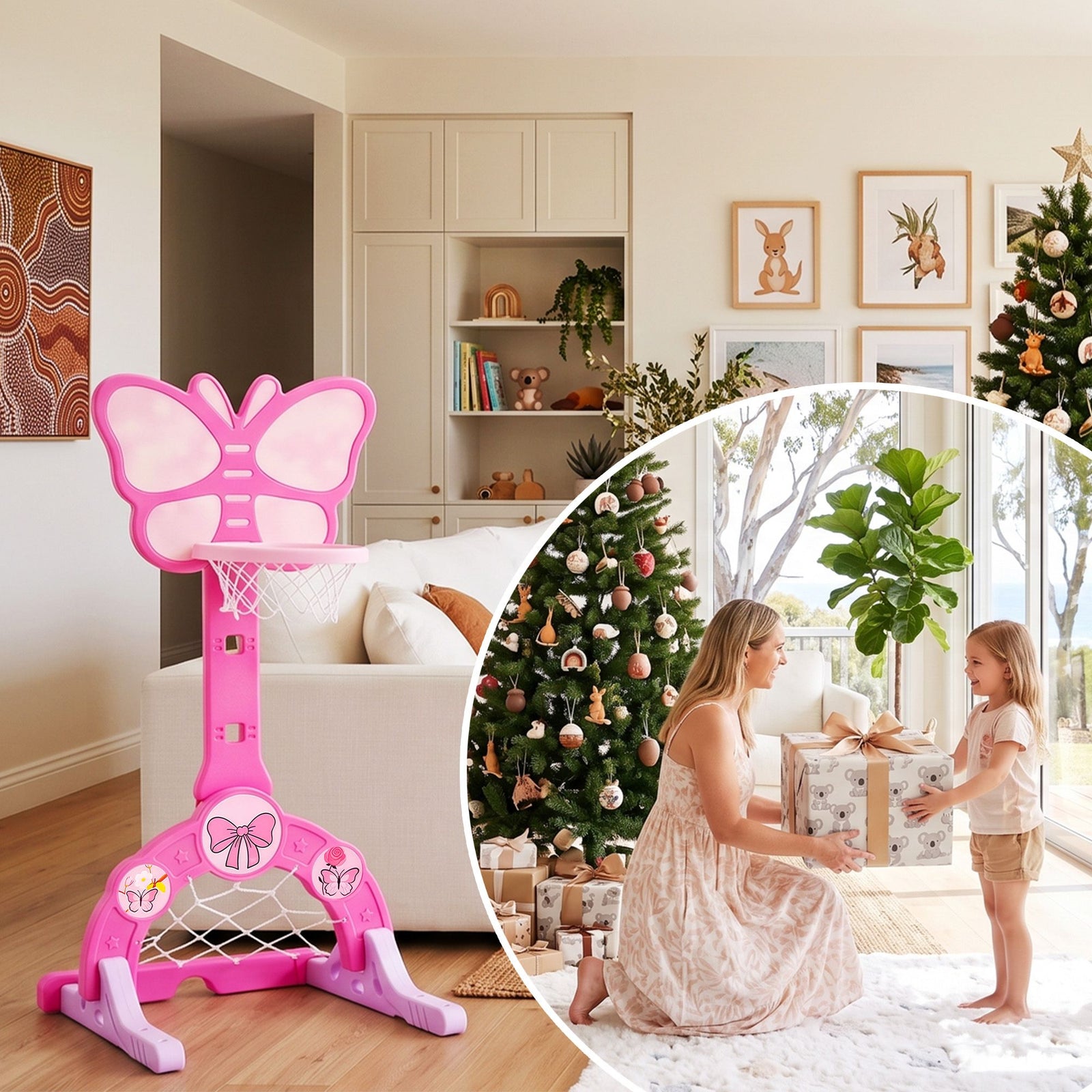 Keezi 3-in-1 Kids Basketball Hoop Soccer Goal Golf Game Set with Balls Pink