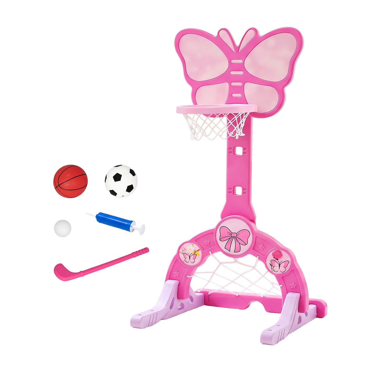 Keezi 3-in-1 Kids Basketball Hoop Soccer Goal Golf Game Set with Balls Pink