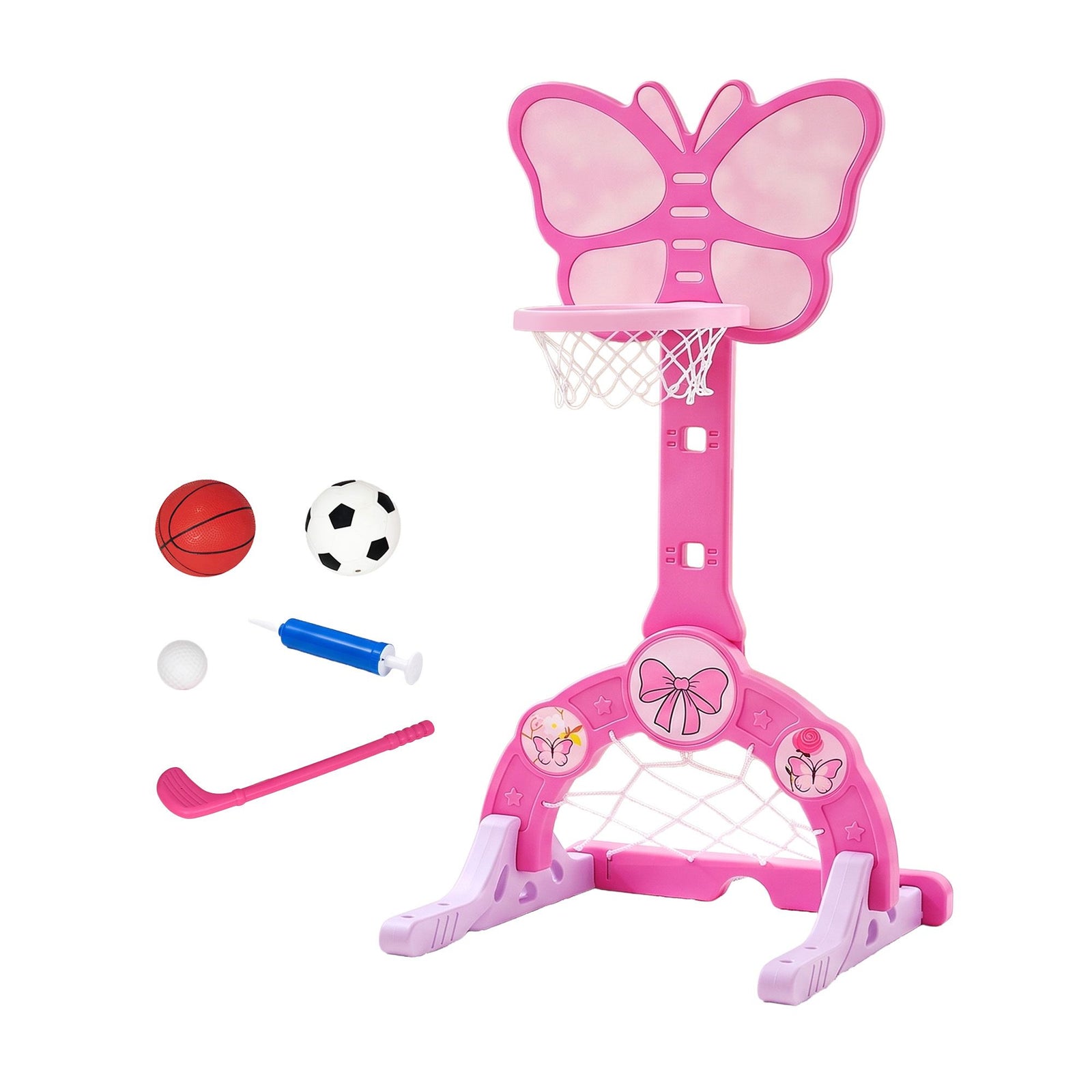 Keezi 3-in-1 Kids Basketball Hoop Soccer Goal Golf Game Set with Balls Pink