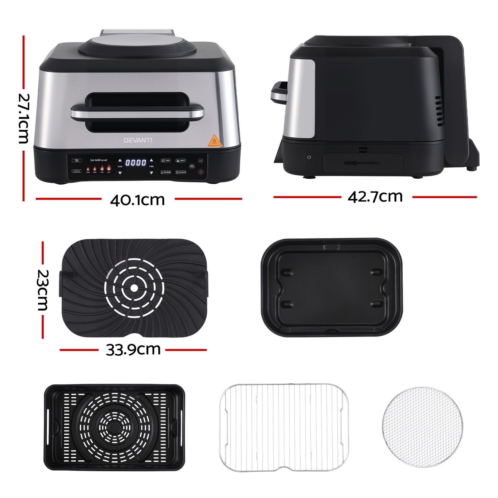 Devanti 5-in-1 Electric BBQ Grill Air Fryer, 2200W 8L Smart Thermometer
