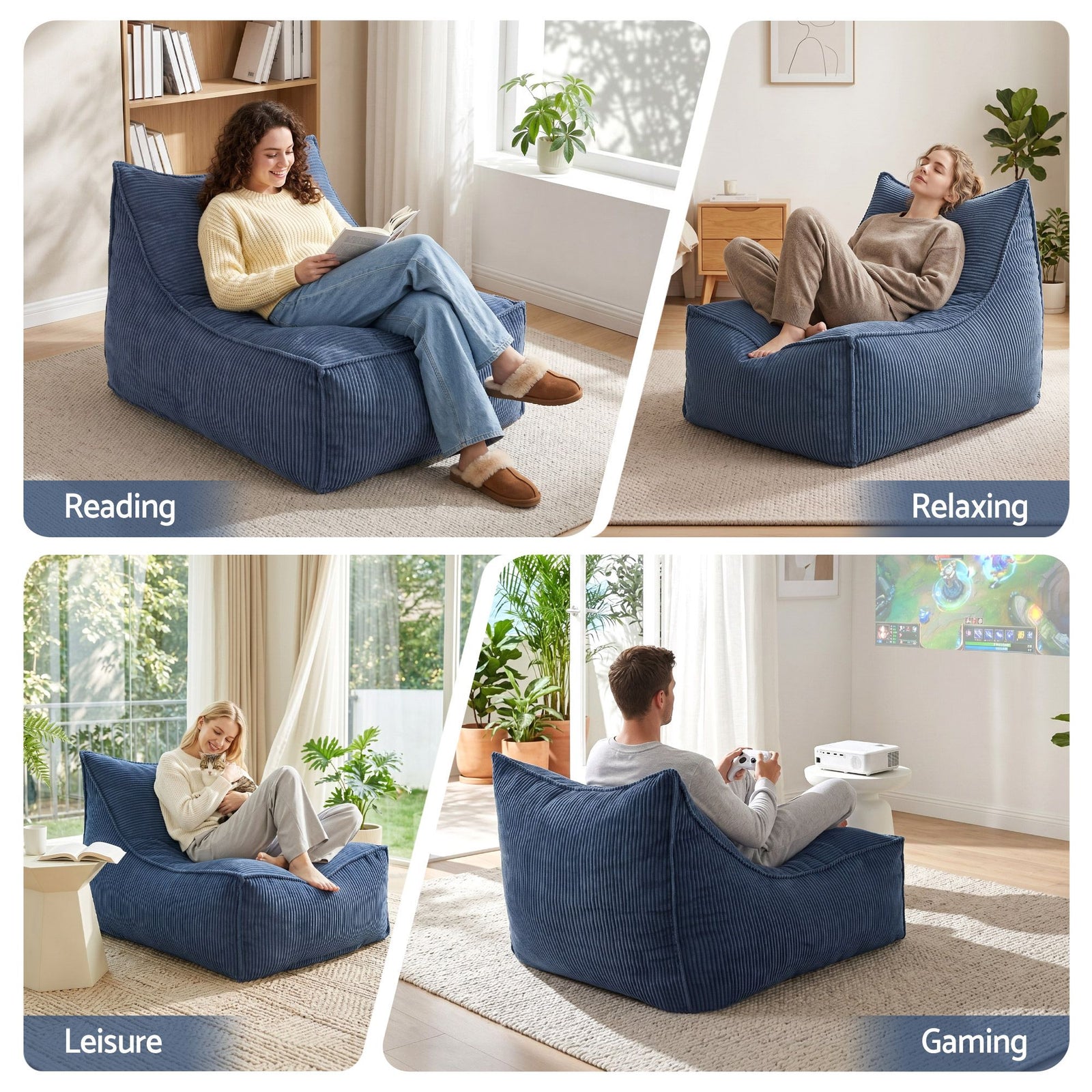 Artiss Bean Bag Chair Cover (No Filler) Soft Corduroy Stuffed Animal Storage Bean Bag Cover for Adults, Washable Lazy Sofa Cover for Living Room Bedroom, Blue