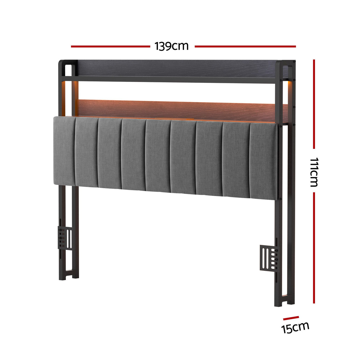 Artiss Double Headboard Charging Station Storage LED Light Grey Upholstered