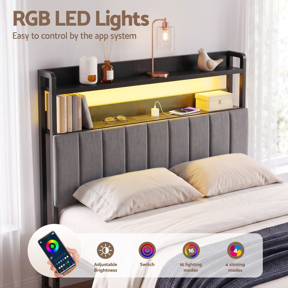 Artiss Double Headboard Charging Station Storage LED Light Grey Upholstered