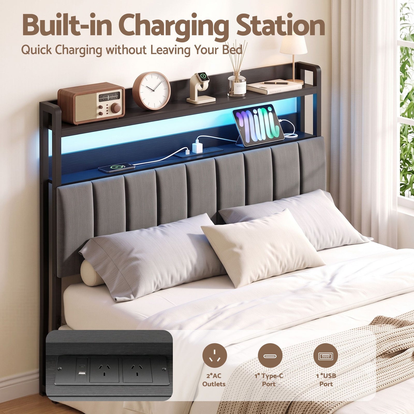 Artiss Double Headboard Charging Station Storage LED Light Grey Upholstered