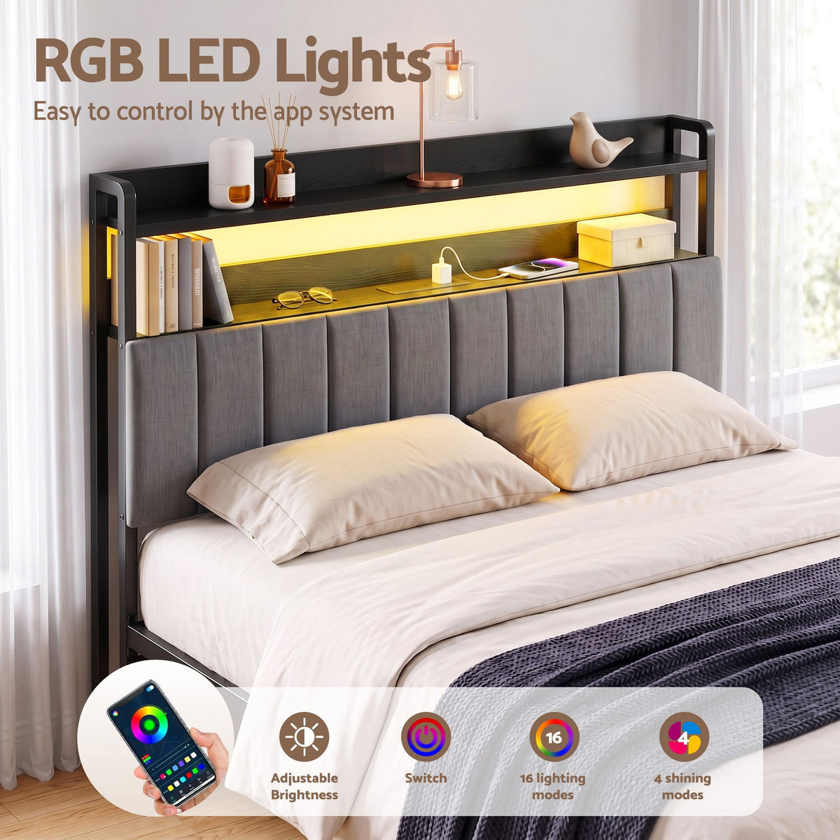 Artiss Queen Headboard Charging Station Storage LED Light Grey Upholstered