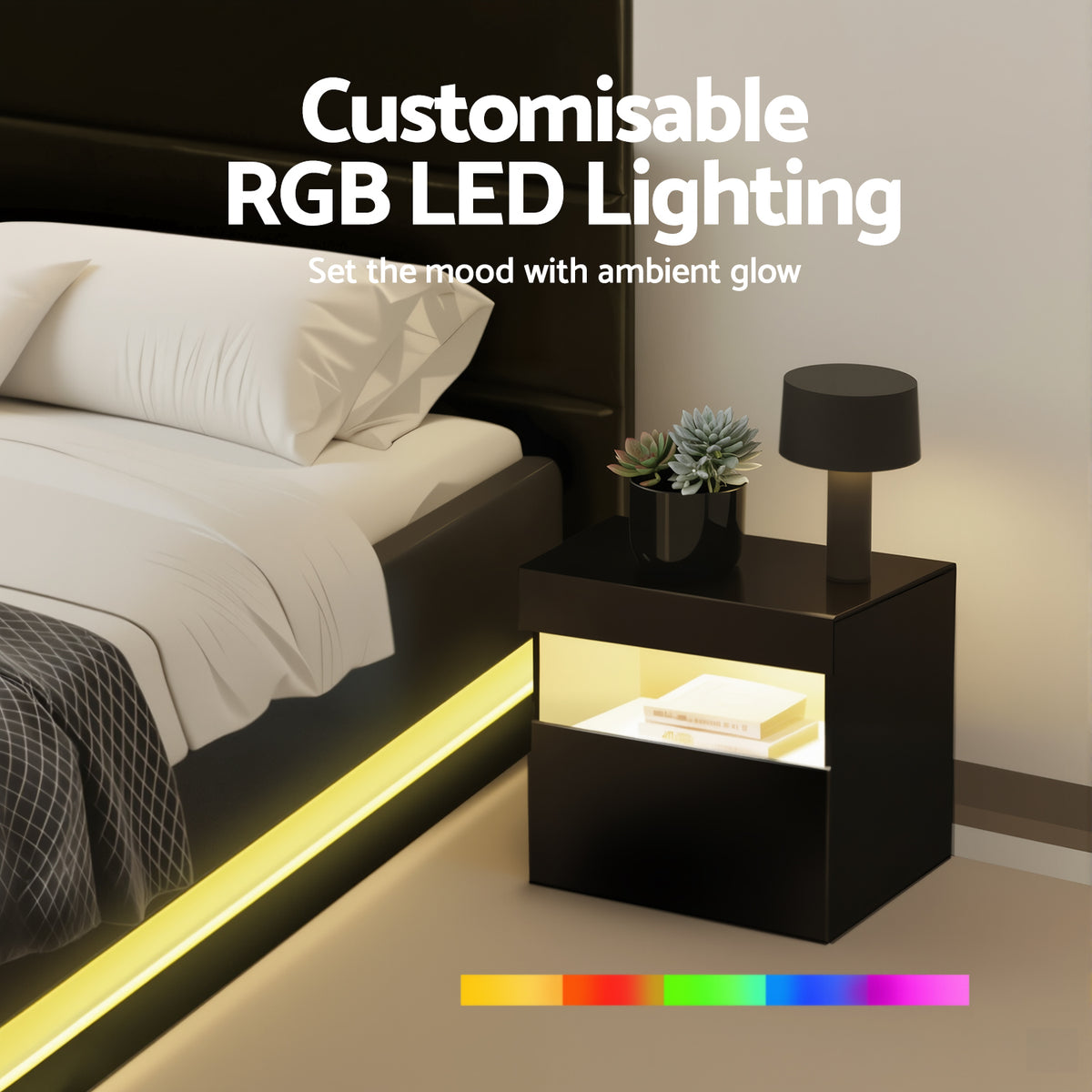 Artiss RGB LED Double Bed Frame with Beside Table Set 16 Colour Mood Lighting