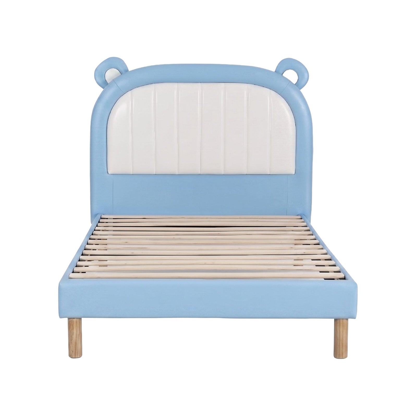 Artiss Kids King Single Bed Frame Upholstered Bear Headboard Waterproof Leather Boys Bed 180kg Capacity Blue and White