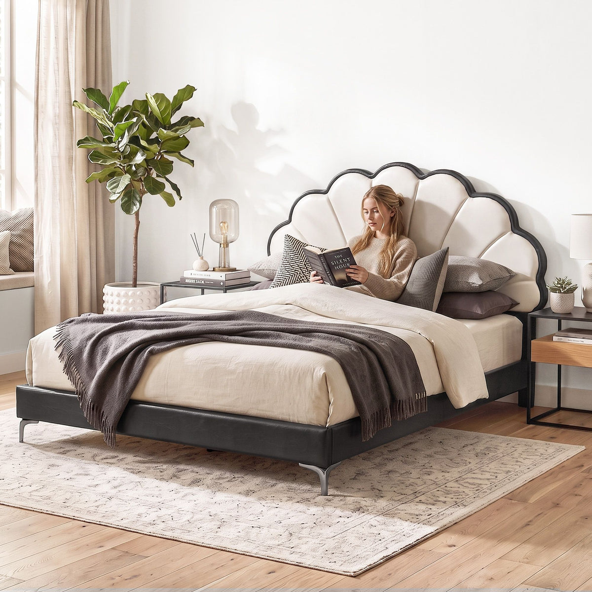 Artiss Double Bed Frame with Adjustable Shell Headboard and PVC Upholstery