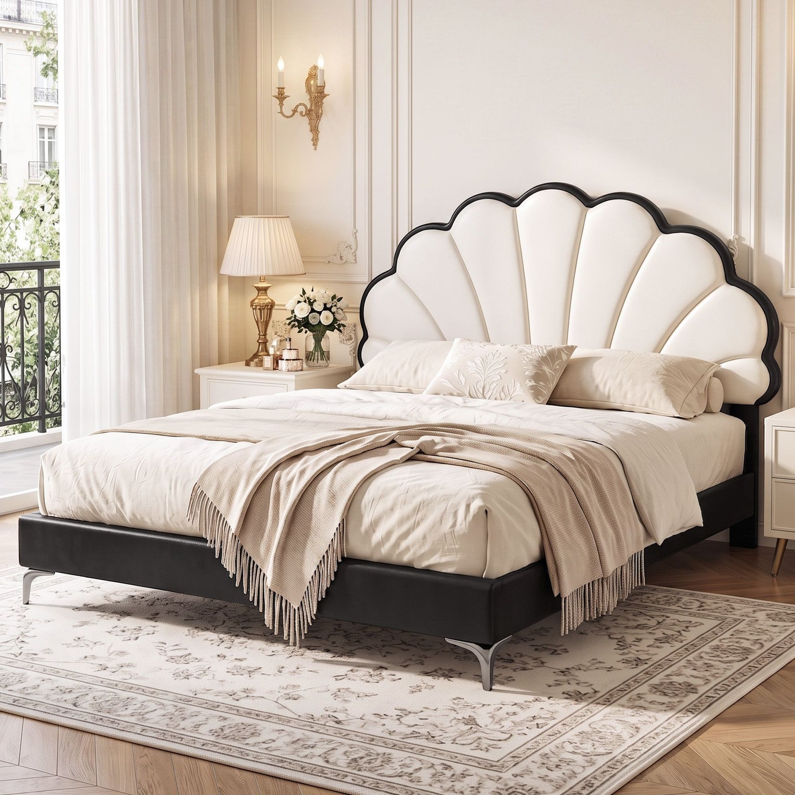 Artiss Double Bed Frame with Adjustable Shell Headboard and PVC Upholstery
