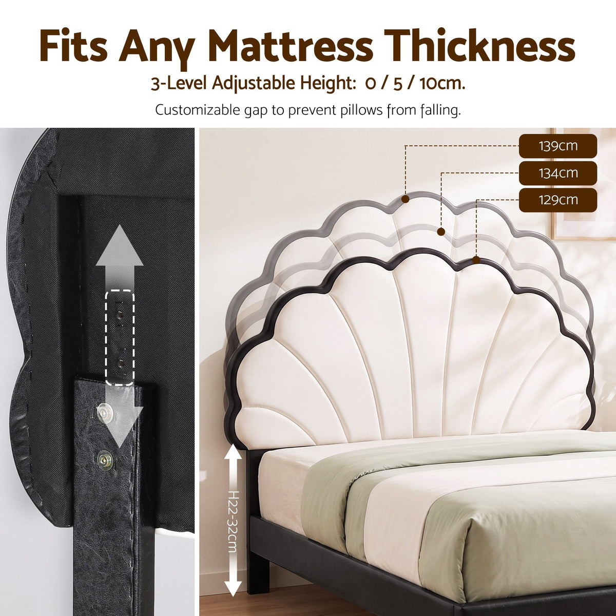 Artiss Queen Bed Frame with Adjustable Shell Headboard and PVC Upholstery
