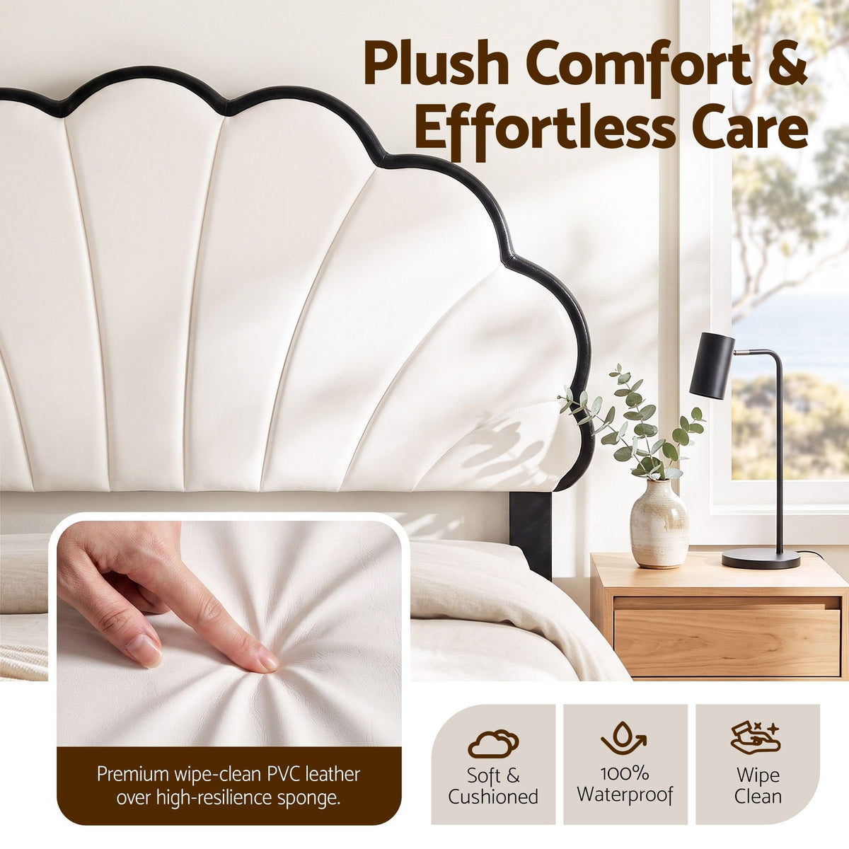 Artiss Queen Bed Frame with Adjustable Shell Headboard and PVC Upholstery