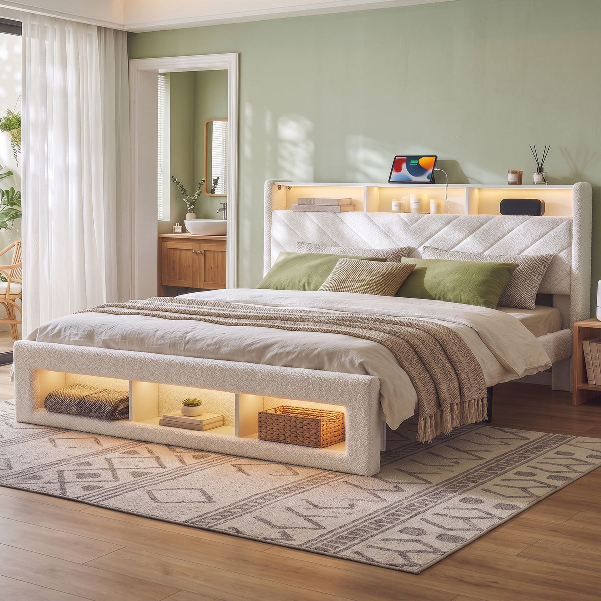 Artiss King Bed Frame with Storage, Charging Station &amp; LED, White