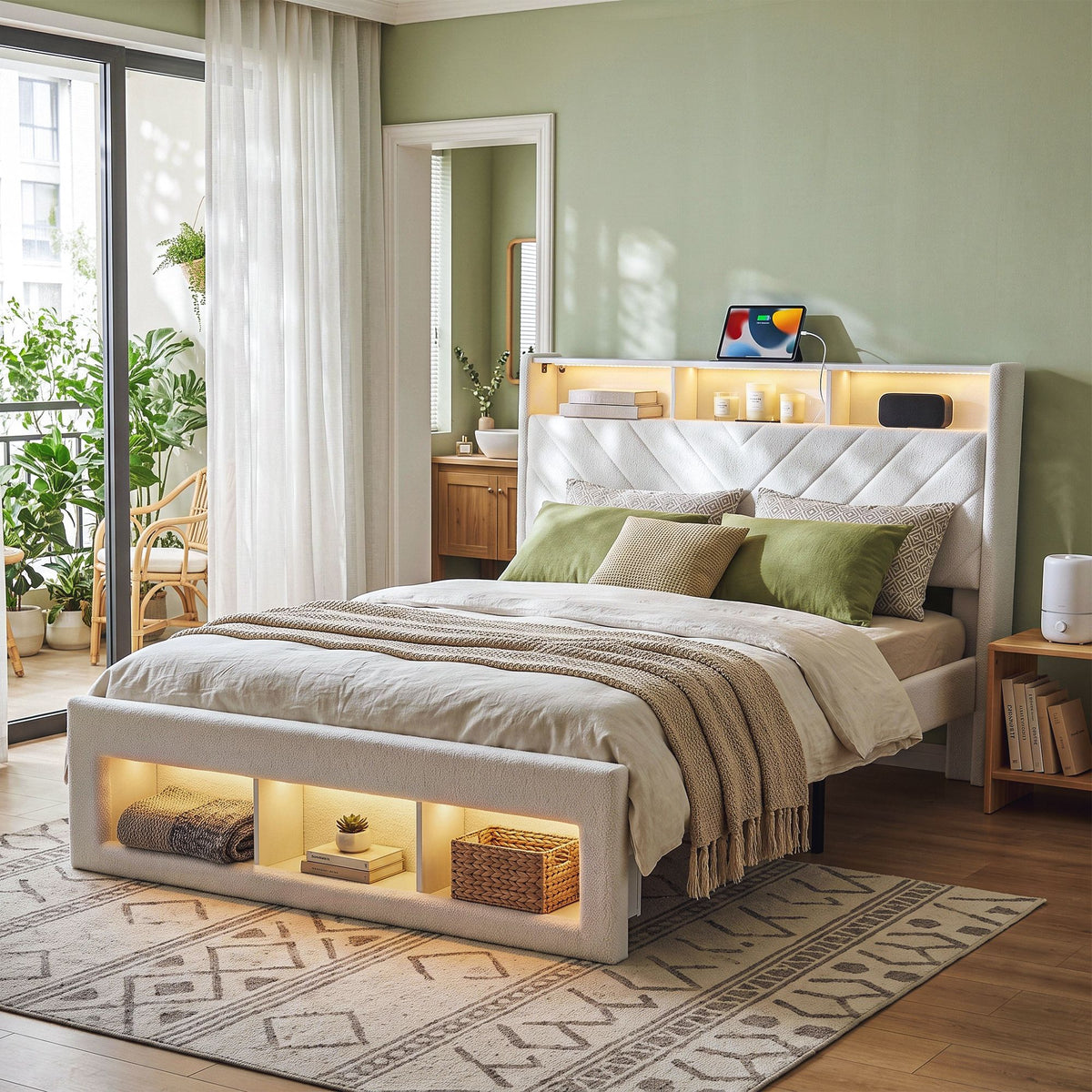 Artiss Queen Bed Frame with Storage Charging Station &amp; LED White