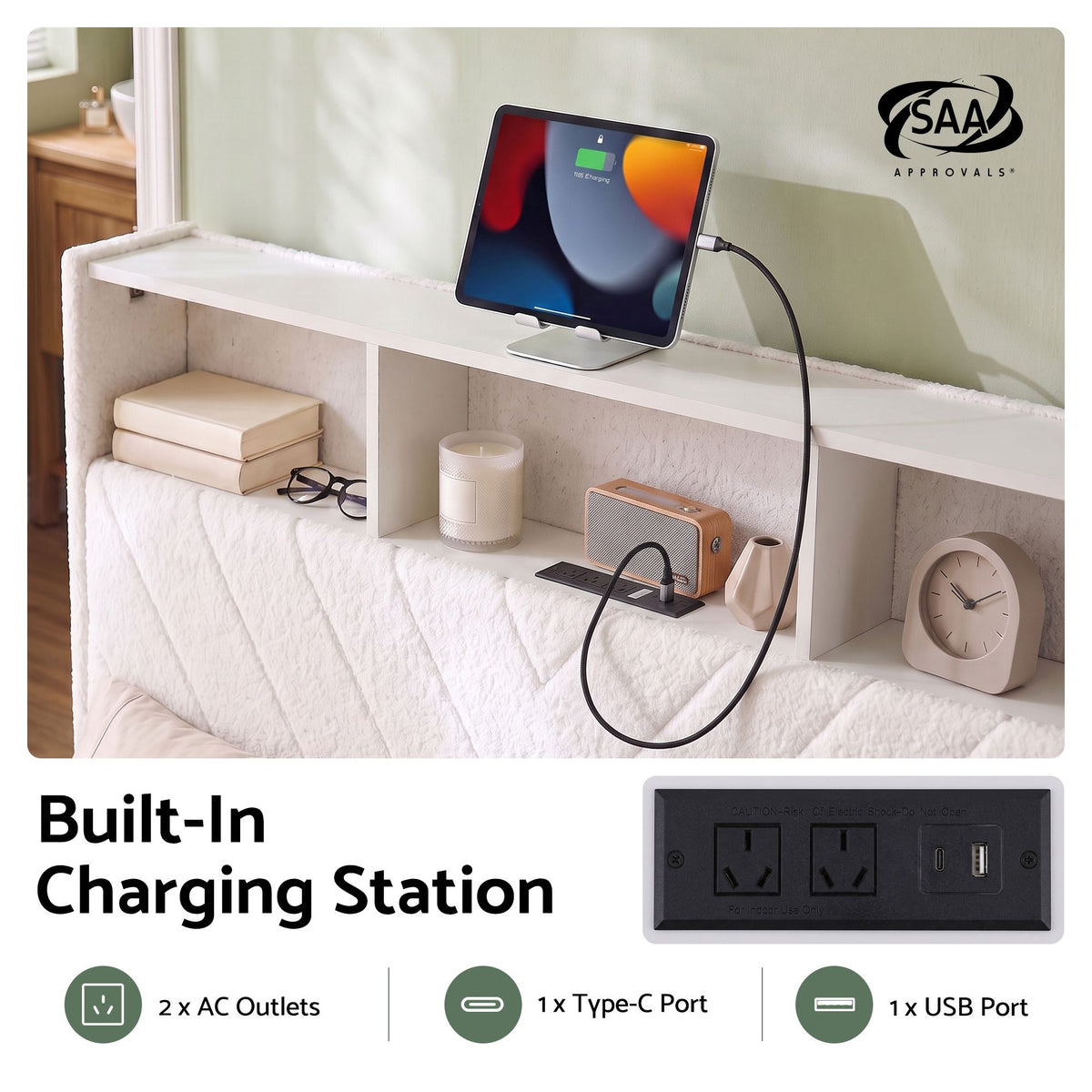 Artiss Queen Bed Frame with Storage Charging Station & LED White