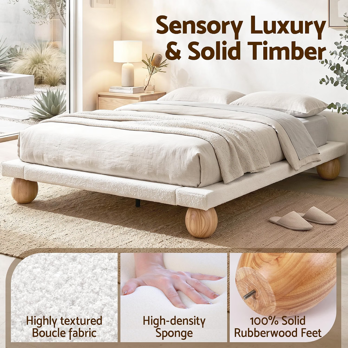 Artiss Queen Bed Frame and 2 Chest of Drawers Set, Boucle Upholstery Platform Bed