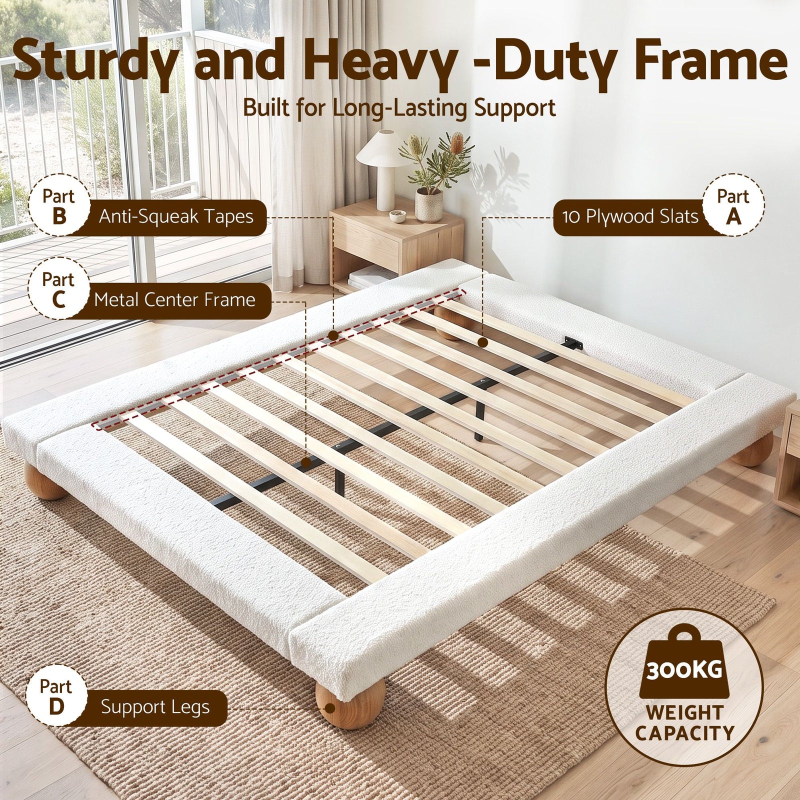 Artiss Queen Bed Frame with Boucle Upholstery and Solid Rubber Wood Legs