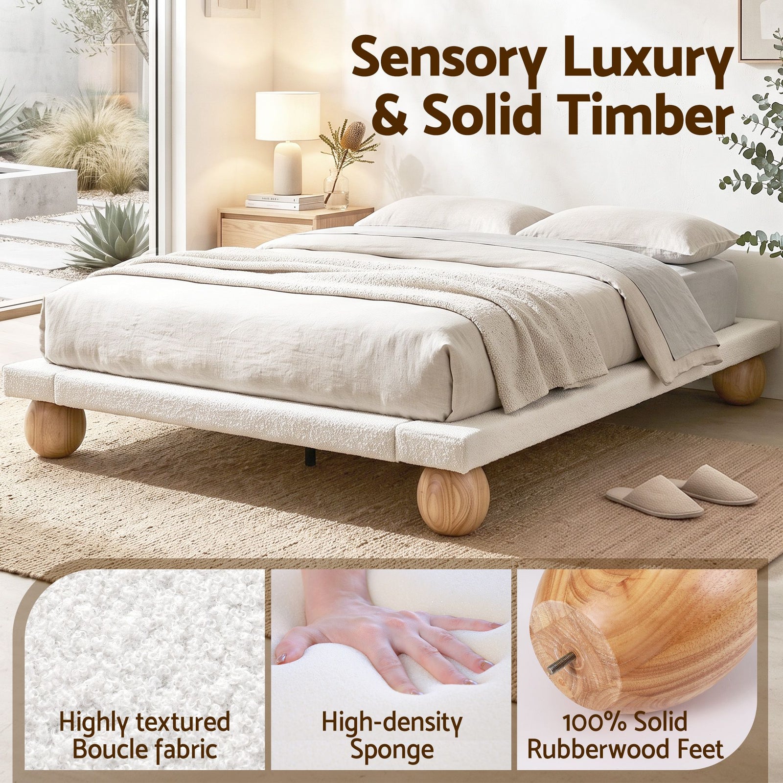 Artiss Queen Bed Frame with Boucle Upholstery and Solid Rubber Wood Legs