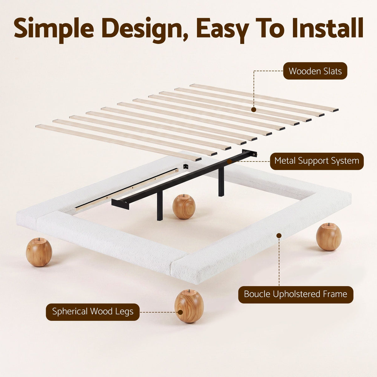 Artiss Queen Bed Frame with Boucle Upholstery and Solid Rubber Wood Legs