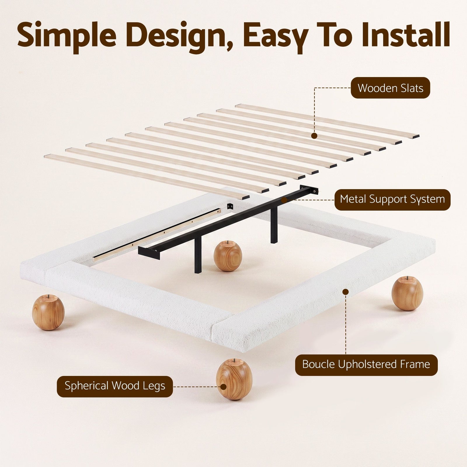 Artiss Queen Bed Frame with Boucle Upholstery and Solid Rubber Wood Legs