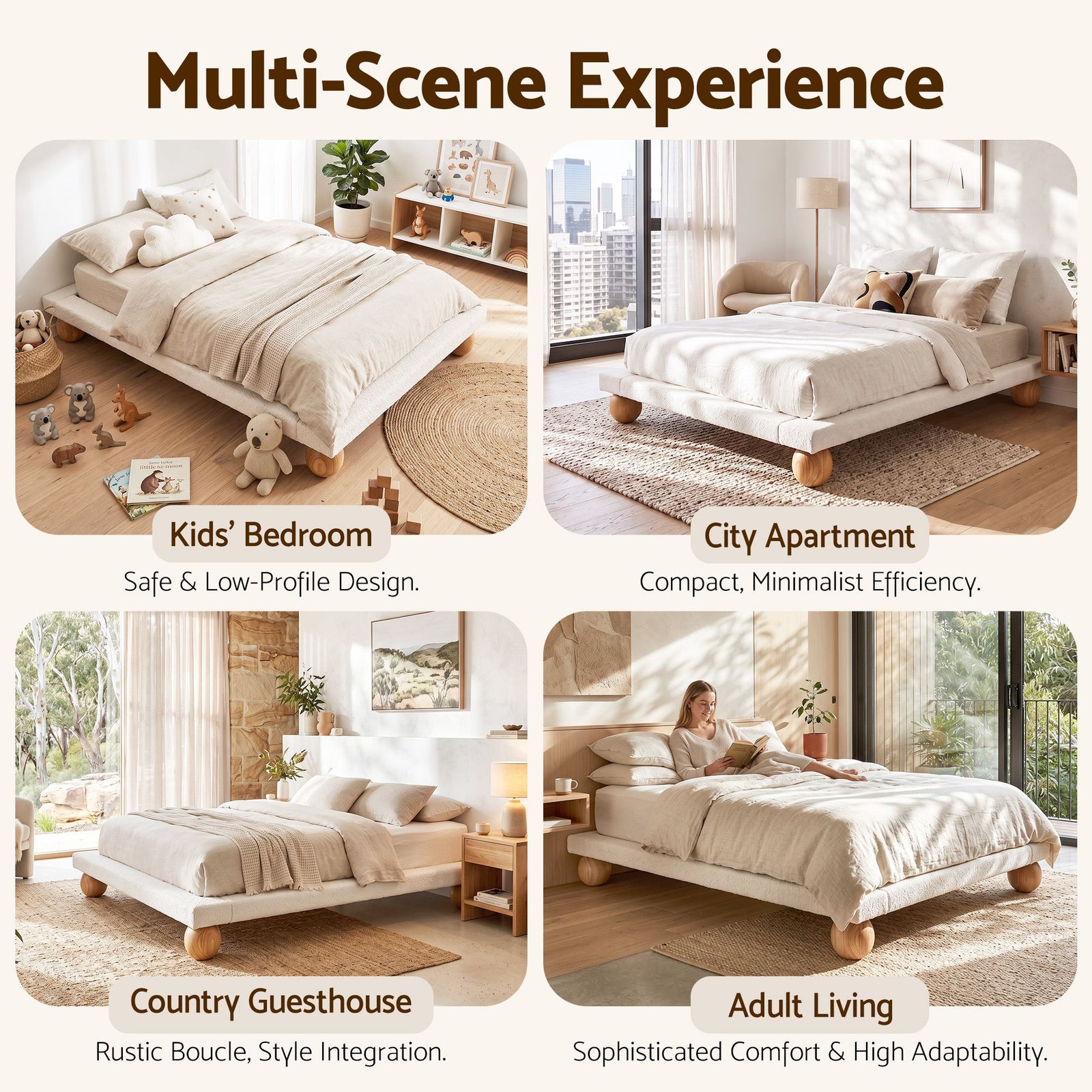 Artiss Queen Bed Frame with Boucle Upholstery and Solid Rubber Wood Legs