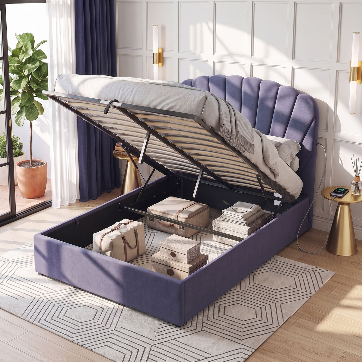 Artiss Double Bed Frame with Lift Up Storage and USB Ports Grey