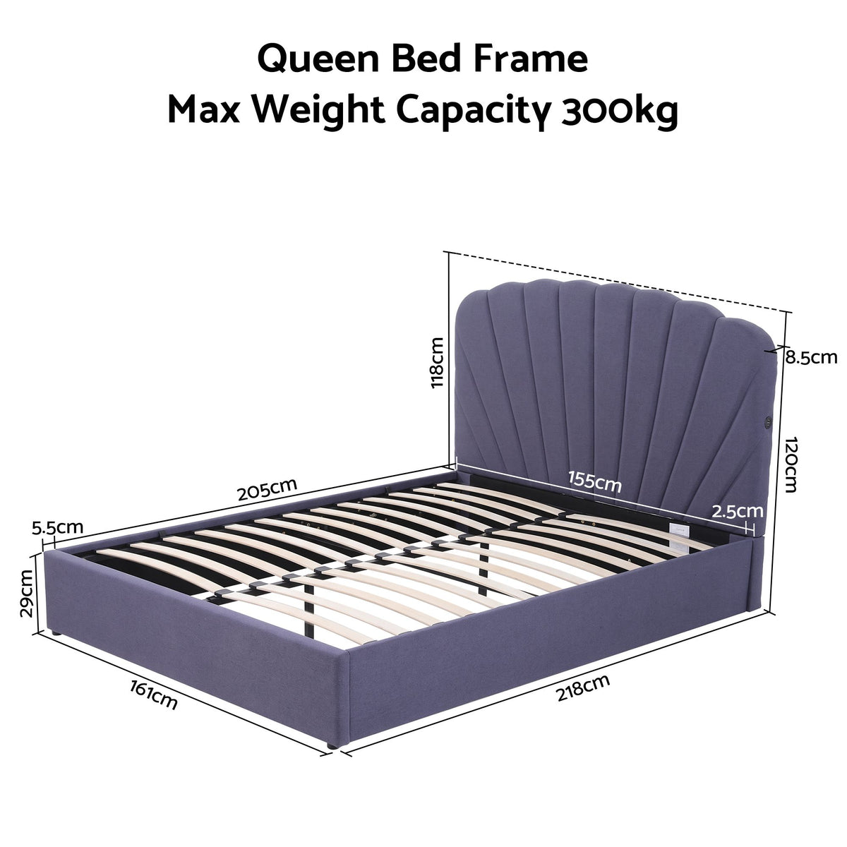 Artiss Queen Bed Frame with Lift Up Storage and USB Ports Grey