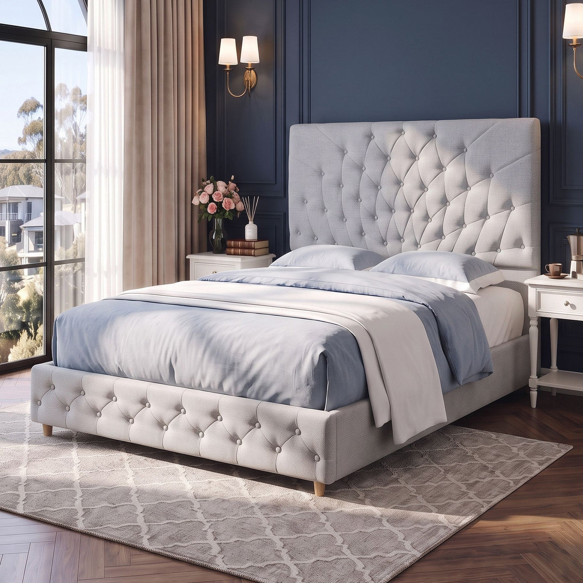 Artiss Double Bed Frame with Tufted Headboard and Plywood Slats Grey