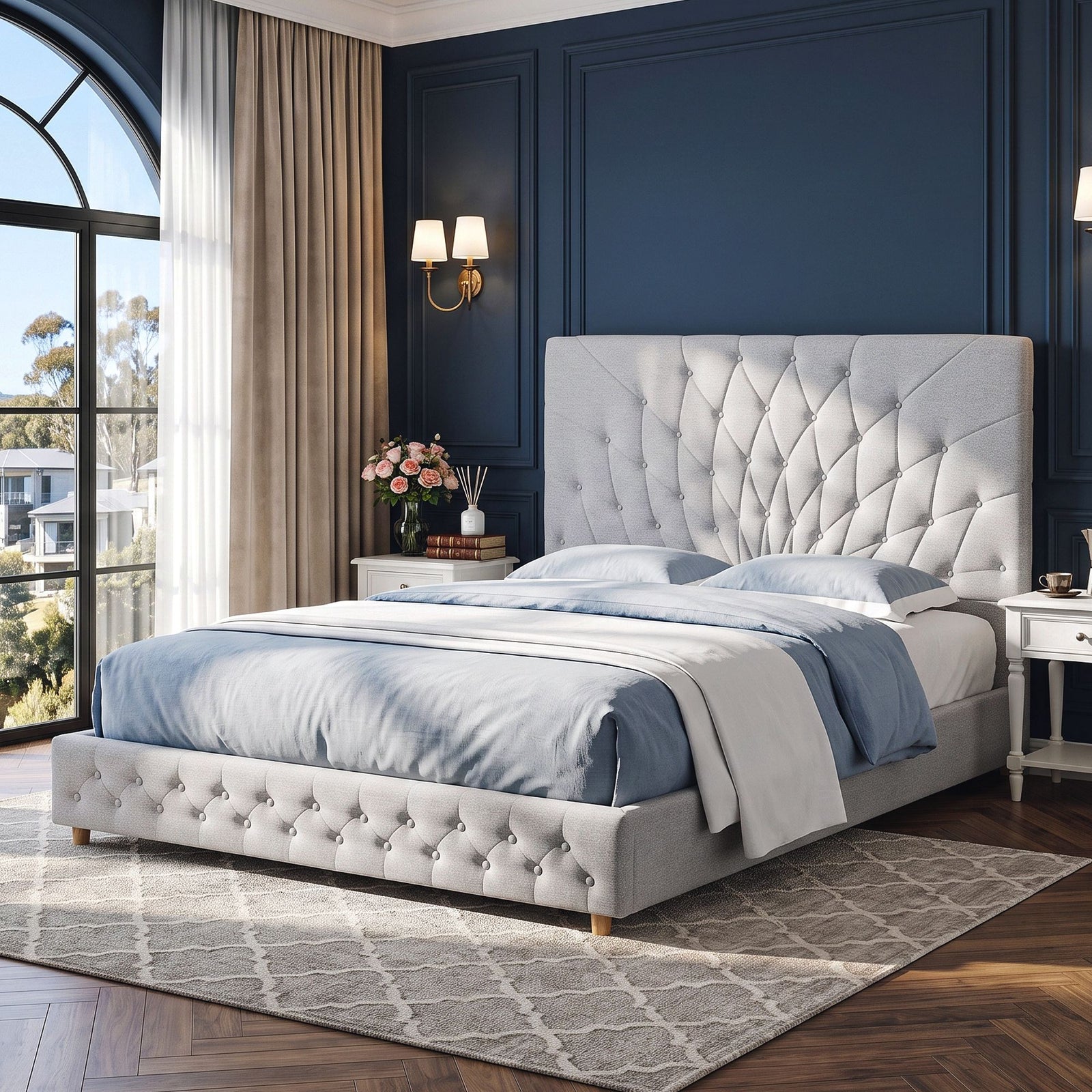 Artiss Queen Bed Frame with Tufted Headboard and Plywood Slats Grey