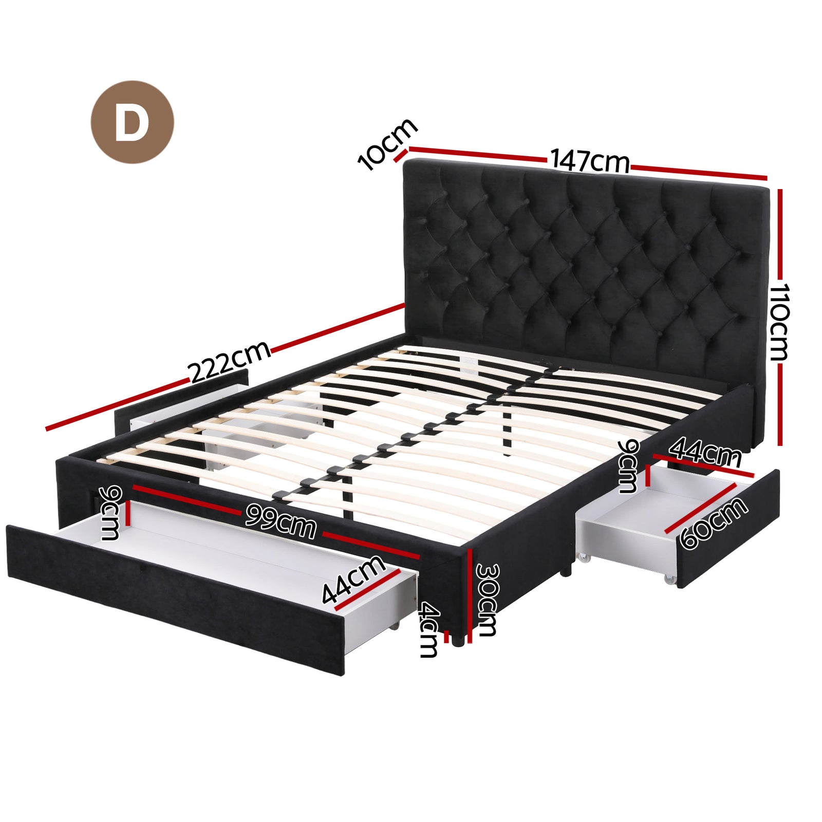 Artiss Double Bed Frame Storage Charging Station Upholstered 3 Drawers USB Type-C