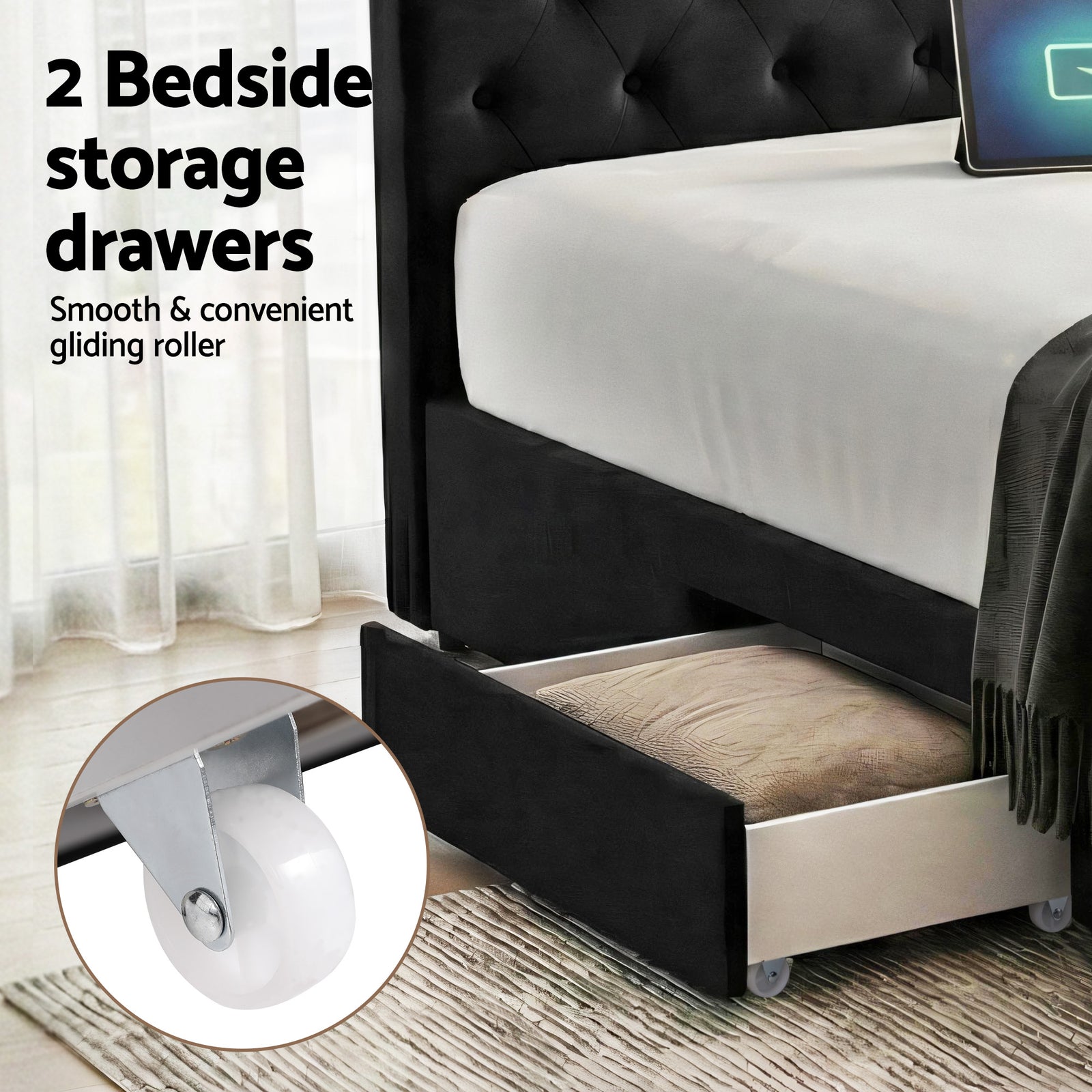 Artiss Queen Bed Frame Storage Charging Station Upholstered 3 Drawers USB Type-C