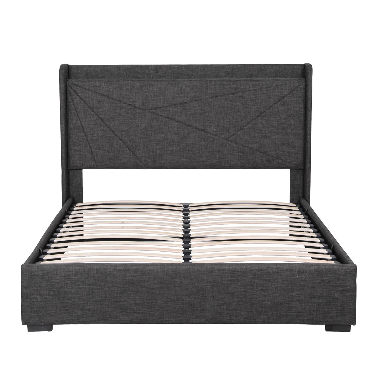 Artiss Double Bed Frame Gas Lift Storage Bed with Charging Ports Upholstered Geometric Headboard Charcoal Grey