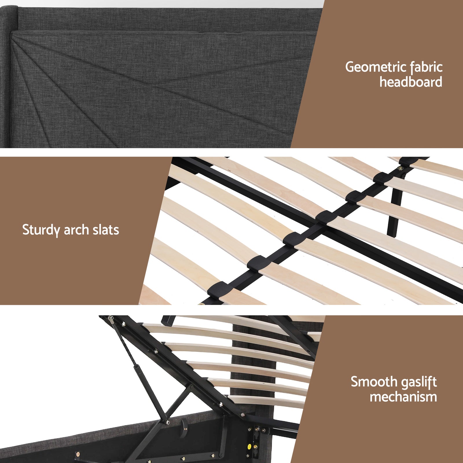 Artiss Double Bed Frame Gas Lift Storage Bed with Charging Ports Upholstered Geometric Headboard Charcoal Grey