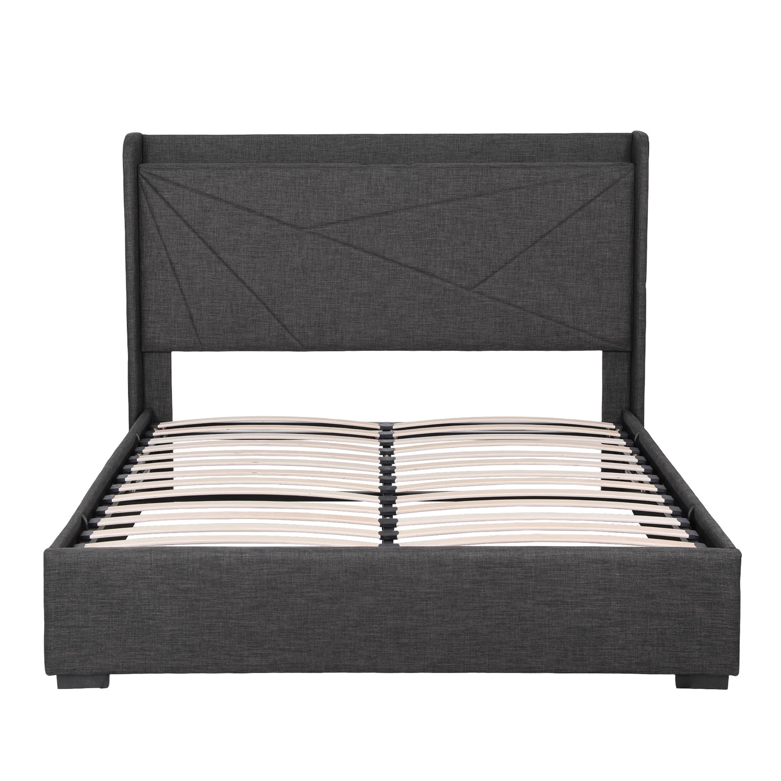 Artiss Queen Bed Frame Gas Lift Storage Bed with Charging Ports Upholstered Geometric Headboard Charcoal Grey