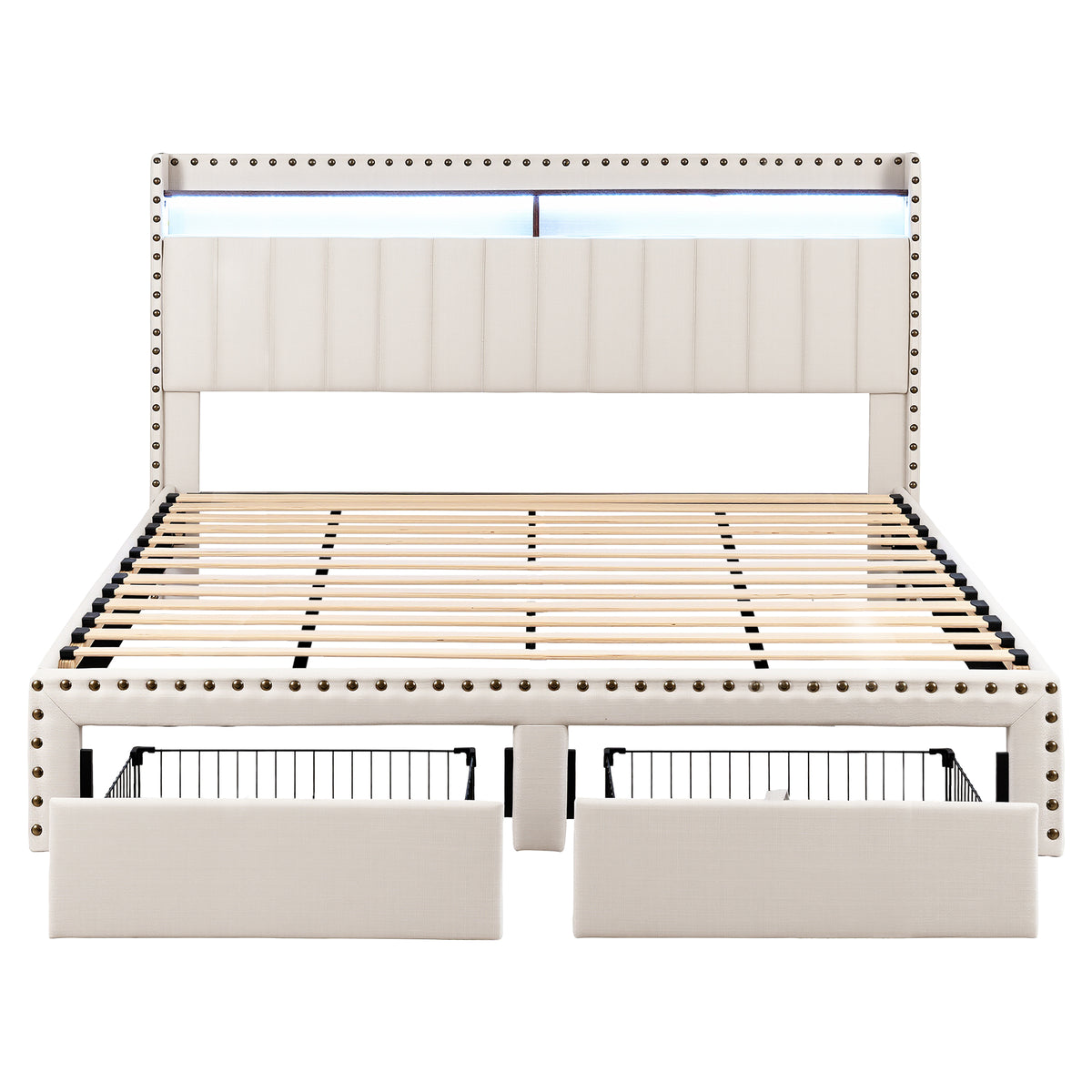 Artiss King Upholstered Bed Frame with Shelf Storage Drawers Charging Station Mood Lighting Linen