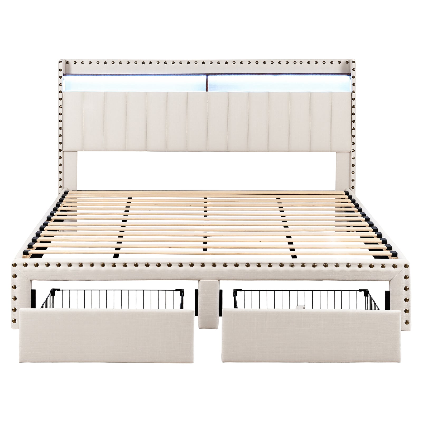 Artiss King Upholstered Bed Frame with Shelf Storage Drawers Charging Station Mood Lighting Linen