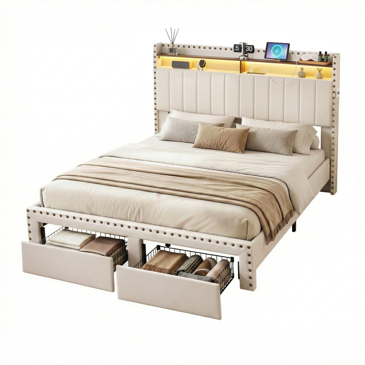 Artiss King Upholstered Bed Frame with Shelf Storage Drawers Charging Station Mood Lighting Linen