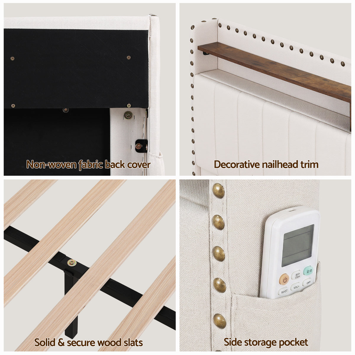 Artiss Queen Upholstered Bed Frame with Shelf Storage Drawers Charging Station Mood Lighting Linen